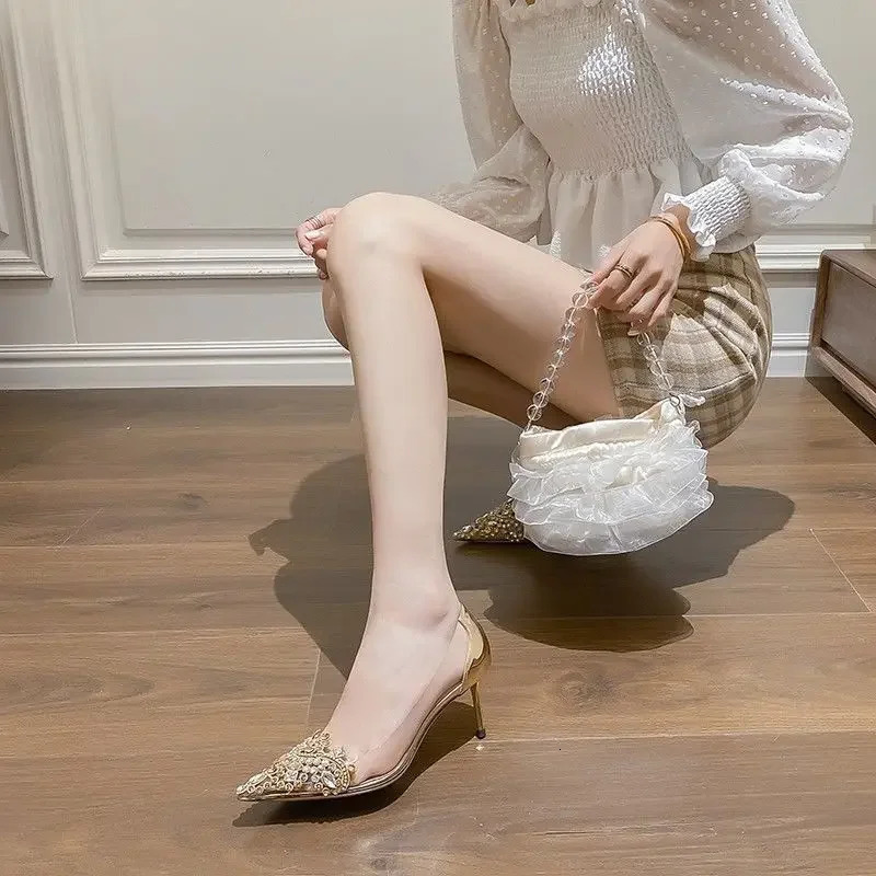 Elegant French style high heels for summer freshmen womens slim high heels transparent rhinestone single shoes corner toe wedding 240802