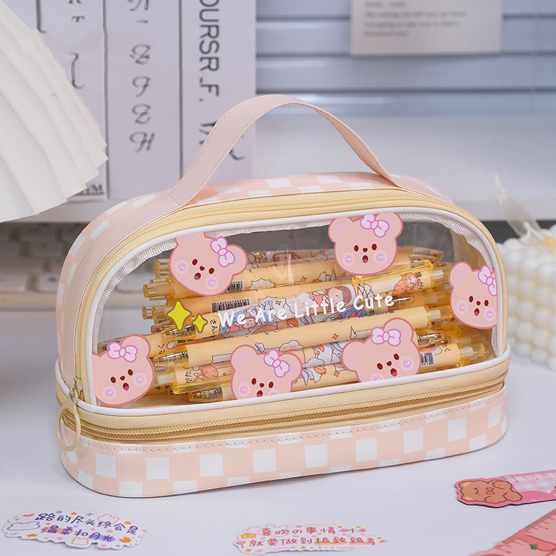 Double layer pencil case, transparent cartoon large capacity pencil case, hand-held student stationery storage bag internet famous cute makeup bag
