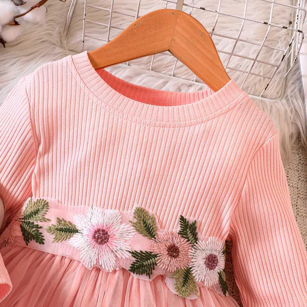 New embroidered mesh long sleeved dress with patchwork for girls in autumnW240720