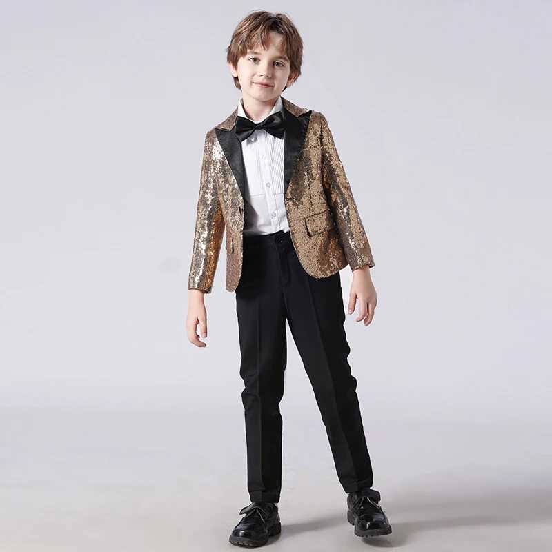 Suits Childrens High-end Gold Sequin Suit Boys Piano Performance Party Host Costume Kids Fashion Blazer Jackets Bowtie Clothes
