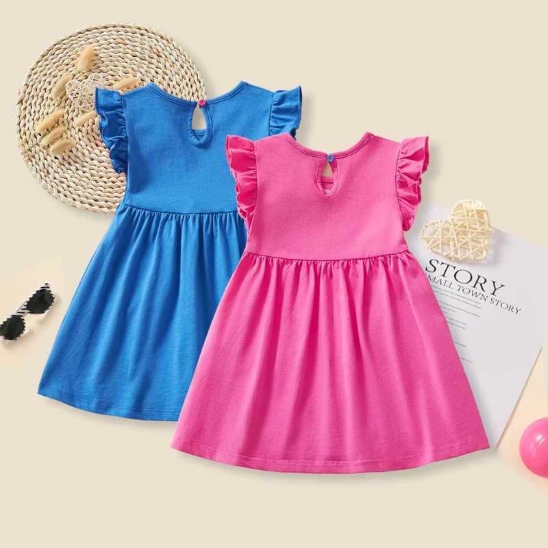 2 pure cotton short sleeved dresses with cartoon embroidery suitable for little girls to play during summer vacation back to school pocket style dress