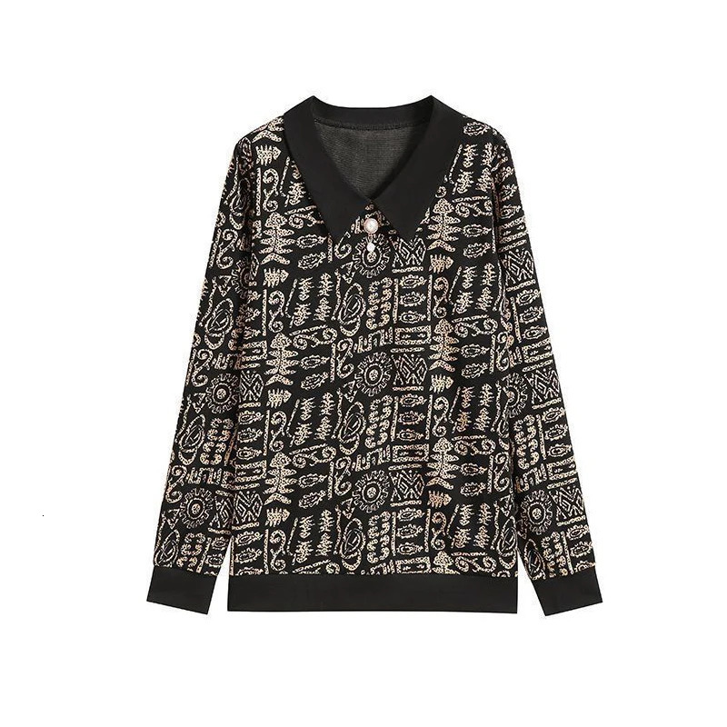 Womens Clothing Spring Autumn Fashion Print Elegant Cotton T-shirts Polo Collar Long Sleeve Loose Pullover Y2K Tops Female 240806