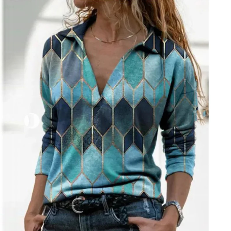 Womens long sleeved V-neck geometric printed shirt retro loose polo shirt Y2K Harajuku oversized top elegant zipper sweater tuned 240827
