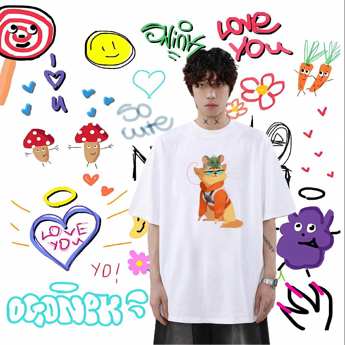 2024 New T-Shirts for Men 230g Cotton cat Hip Hop Tshirts Short Sleeve O-Neck Comfortable Mens Tshirts Oversized