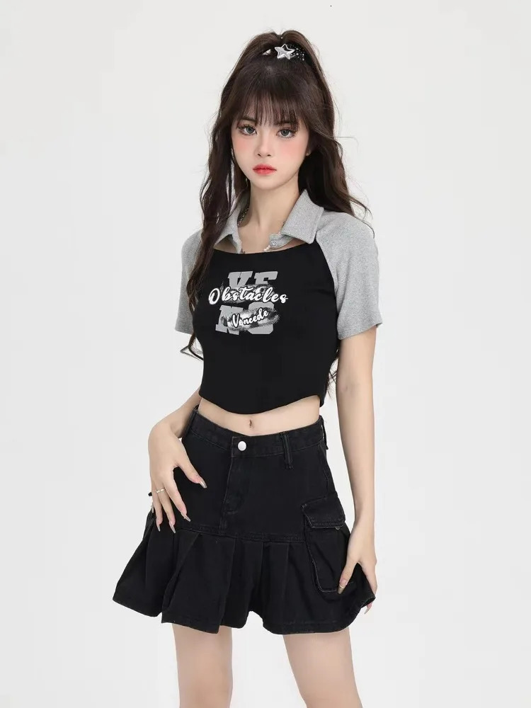 Womens summer Y2k casual T-shirt long sleeved Japanese polo neck ultra-thin suitable for latte art womens crop tops street clothing Kawaii clothing 24