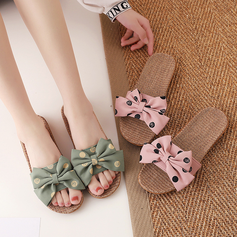 Bow Linen Ladies Indoor Anti-slip Thick-soled Slippers Home Shoes for Women
