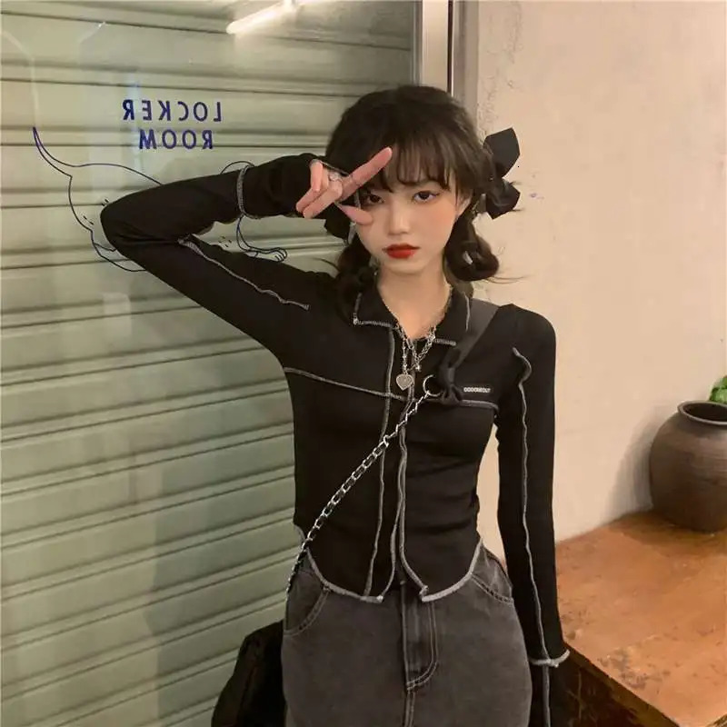 selling summer s T-shirt black irregular crop top ultra-thin polo collar long sleeved cardigan patchwork fashionable womens T-shirt 240827