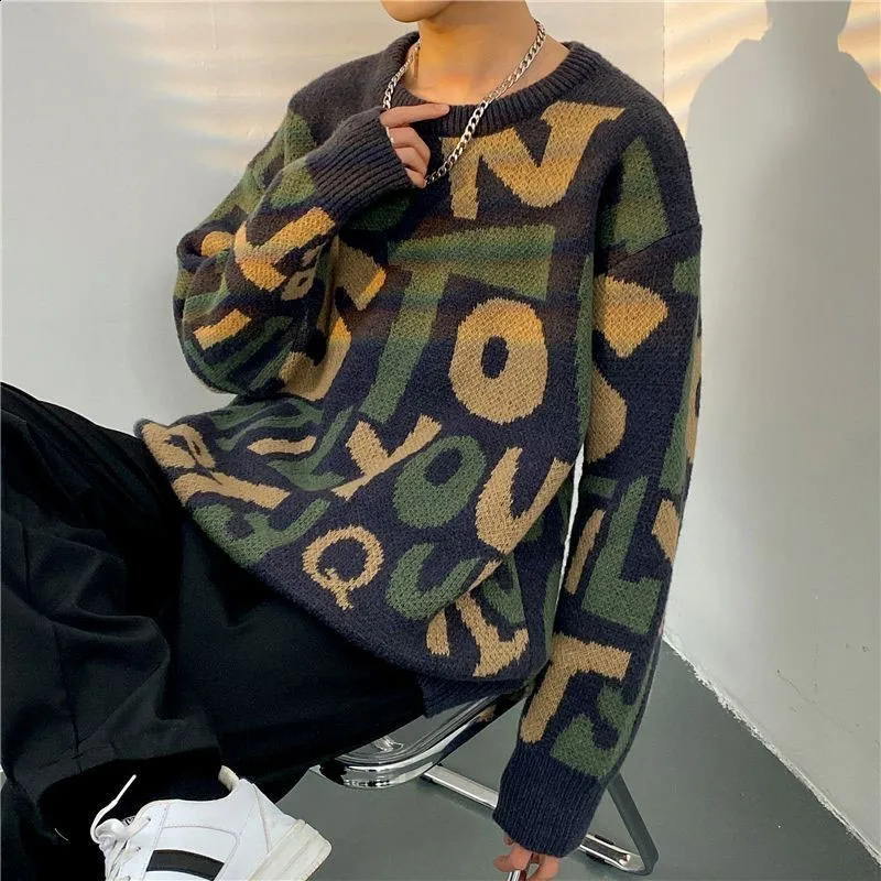 Winter Fashion Trend Contrast Color Round Neck Letter Loose and Versatile Ruffle Handsome Knitted Long Sleeve Mens Sweater 240729