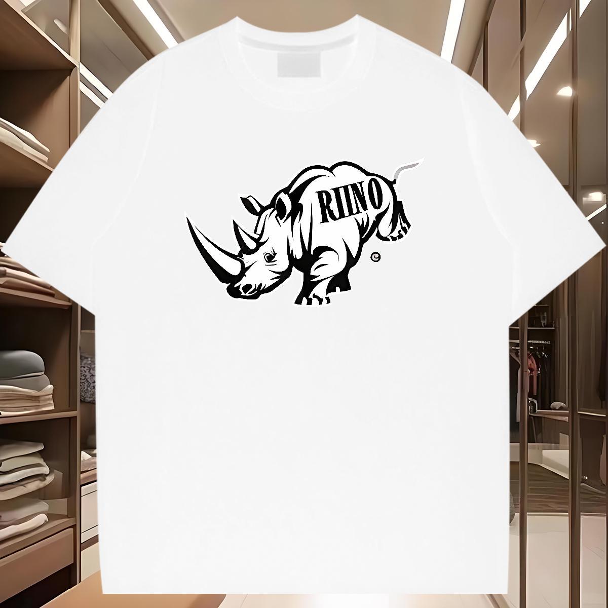 2024 Summer Men T Shirts 100% Cotton 230g rhinoceros Home Outdoor Tee Shirt O-Neck Short Sleeve Popular Tshirts Cartoon Print