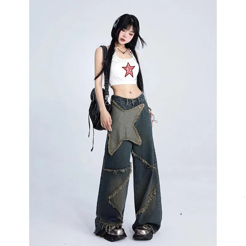 Women Blue Cargo Jeans Baggy Vintage 90s Aesthetic High Waist Cowboy Pants Harajuku Denim Trousers Y2k Trashy Clothes 240806
