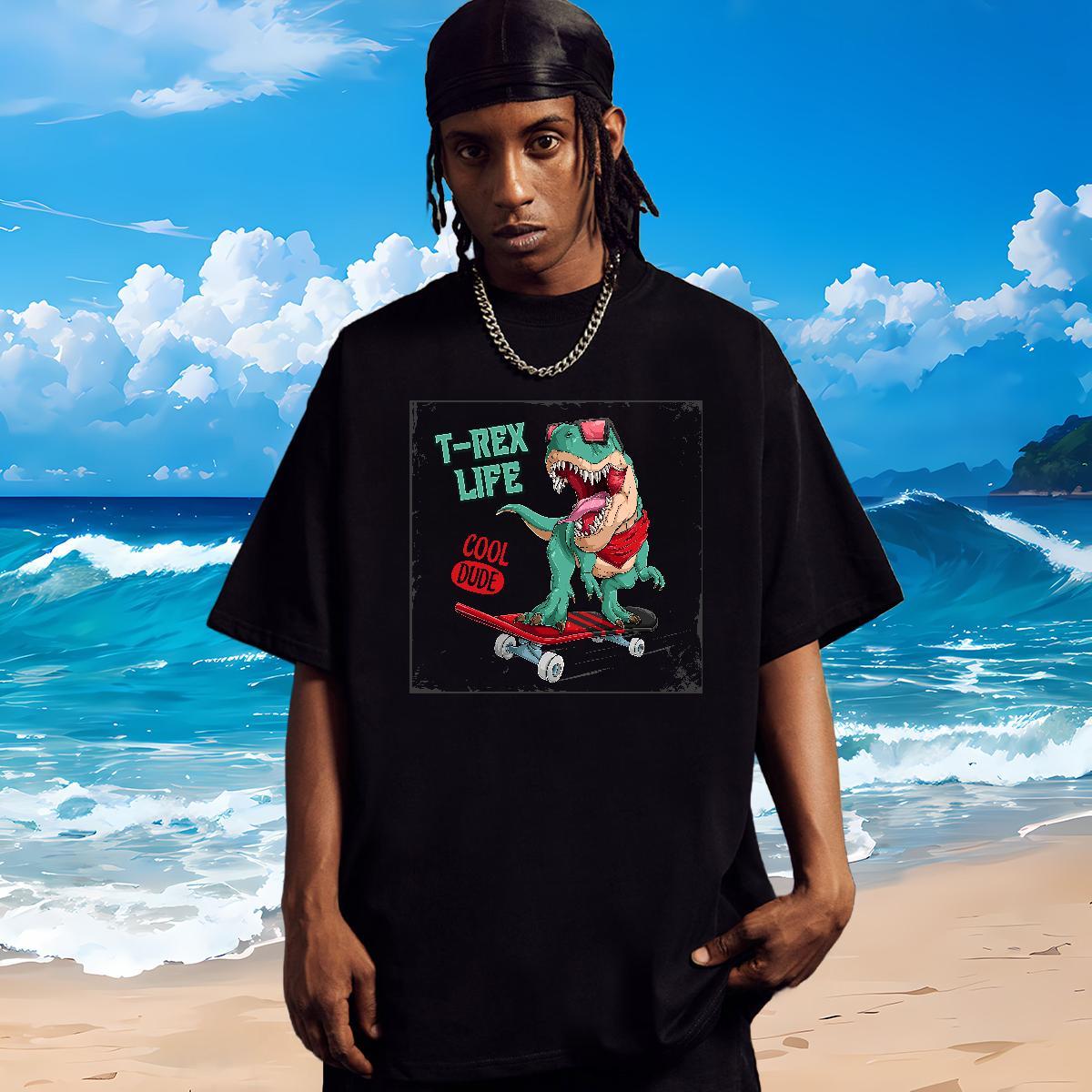 New Arrival T Shirts Men 230g Pure Cotton dinosaur Street Wear Polos Breathable Crew Neck Soft Men Tops Tees Custom Print Oversized