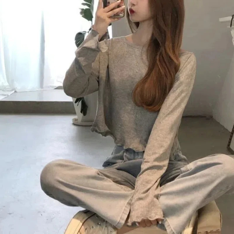 Korean Womens Spring Spliced Pullover Round Neck Fashion Solid Color Loose Minimalist Casual Long Sleeved T-shirt Top 240806