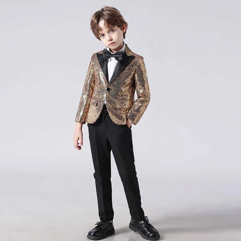 Suits Childrens High-end Gold Sequin Suit Boys Piano Performance Party Host Costume Kids Fashion Blazer Jackets Bowtie Clothes