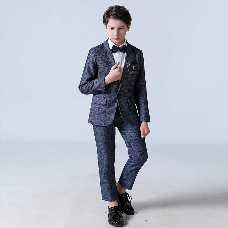 Suits Autumn Childrens Formal Plaid British Suit Set Boys Wedding Party Birthday Host Costume Kids Blazer Pants 2pcs Clothes
