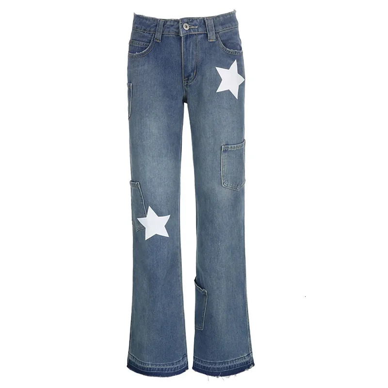 y2k Star Jeans Women Fairy Grunge Aesthetic Low Waist Flared Pants with Pockets Spring Fall Trousers 2000s Streetwear 240806