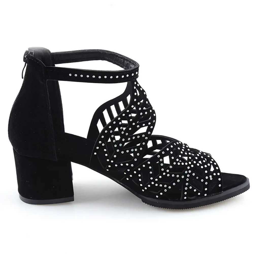 High Quality New Style Women Summer Hollow Out Faux Leather Rhinestones Thick Heel Zipper Sandals Shoes Eur 35-41 T241227