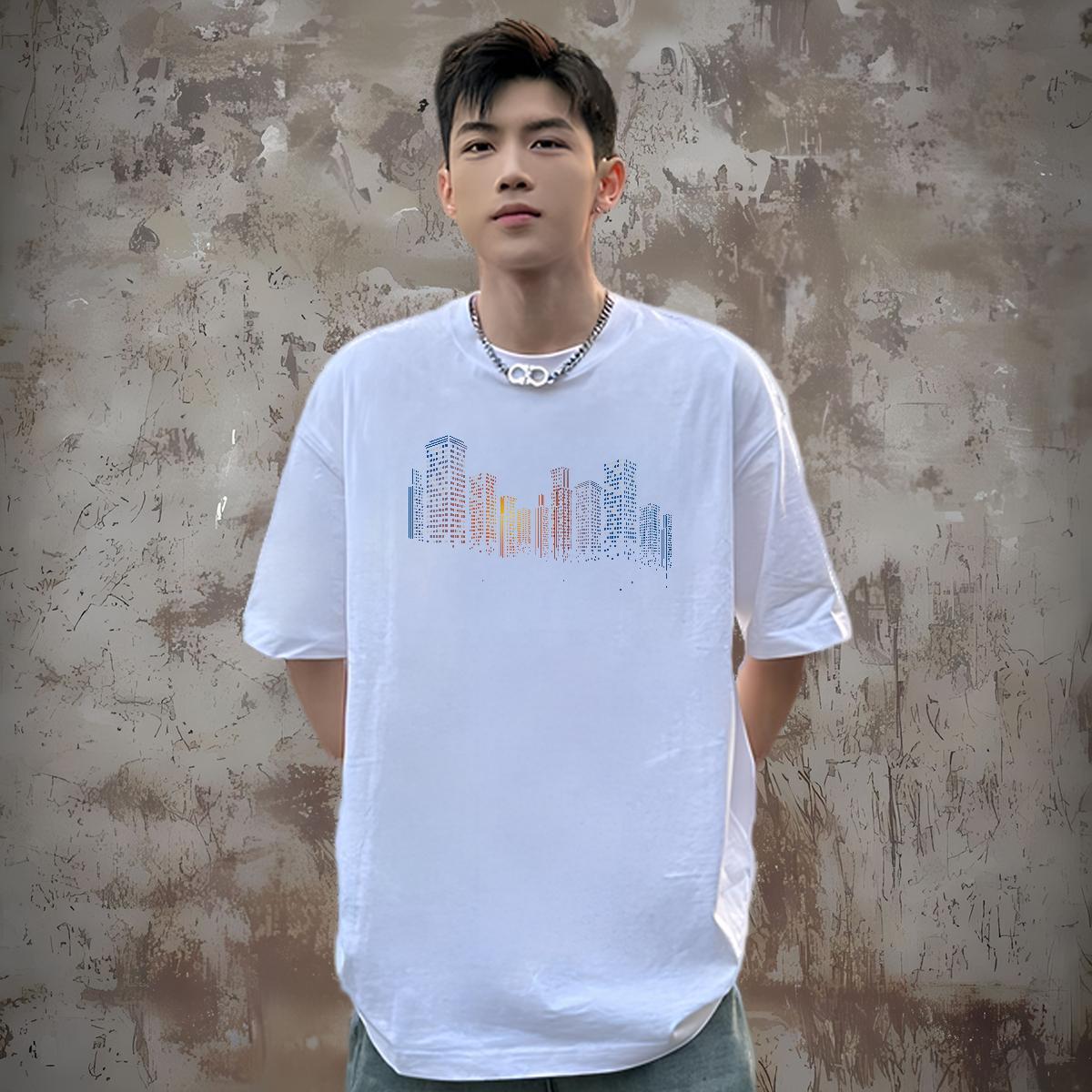 Free Shipping T-Shirts for Men 230g 100% Cotton Tall buildings High Street Hip Hop Tee Shirt Breathable Short Sleeve Designer Men Tees Customized Prin