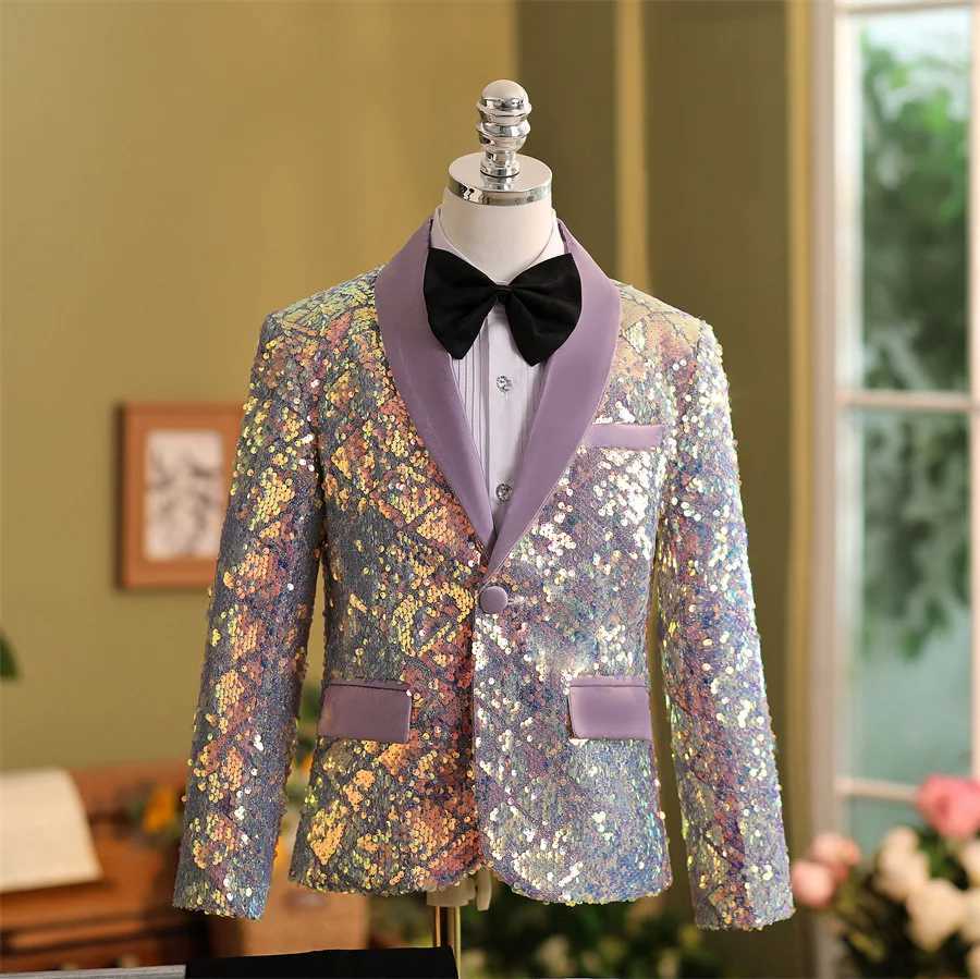 Suits Boys Purple Sequined High End Suit Set Childrens Catwalk Stage Host Performance Photography Wedding Costume Kids Blazer