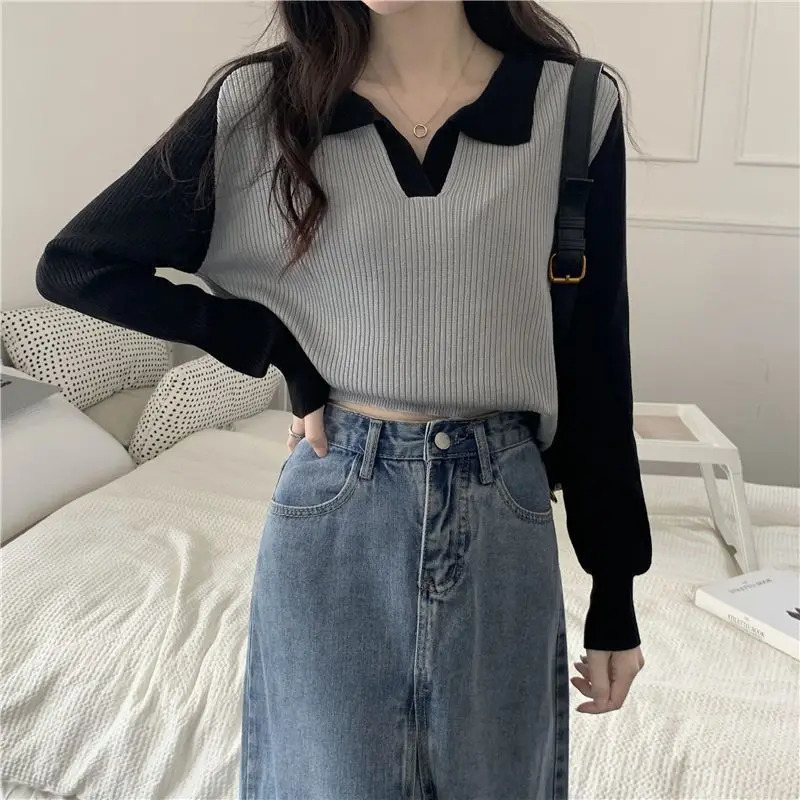 Autumn Womens Pullover Polo Collar Screw Thread Contrast Color Fashion Slim Minimalist Long Sleeved Knitted Sweater 240806