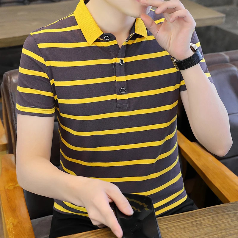 Basic Striped Short Sleeve Polo Shirts Mens Clothing Commute Casual Turn-down Collar Summer Contrasting Colors Slim T-shirts 240806