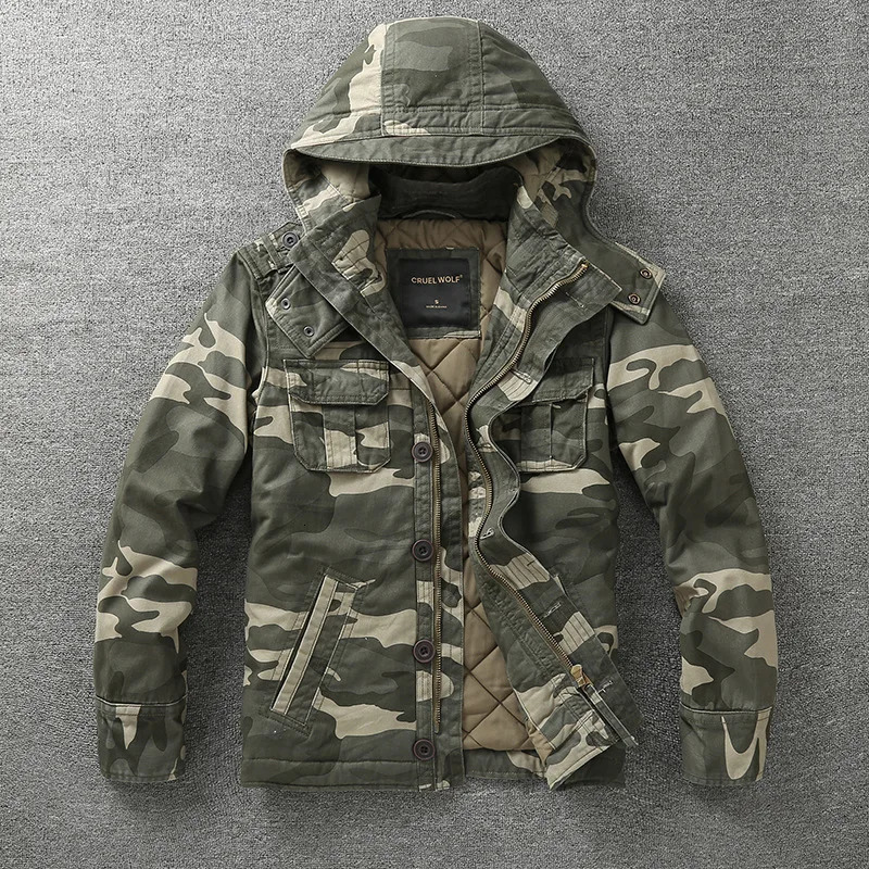 Men Jacket Denim Retro Cargo Hooded Jacketes Outdoor Multi Pockets Camo Tops Field Casual Fashion Hiking Coats Uniform 240822