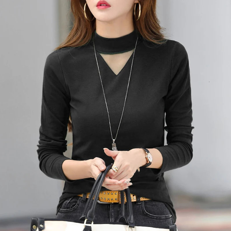 Women Korean Fashion Sexy Hollow Out Elegant Half High Collar Basic T-shirts Female Casual Solid Slim Long Sleeve Pullover Tops 240806