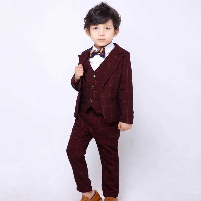 Suits Top Quality Boys Plaid Jacket Vest Pants Bowtie 3Pcs Clothing Set Gentleman Kids Wedding Suit Children Performance Dress