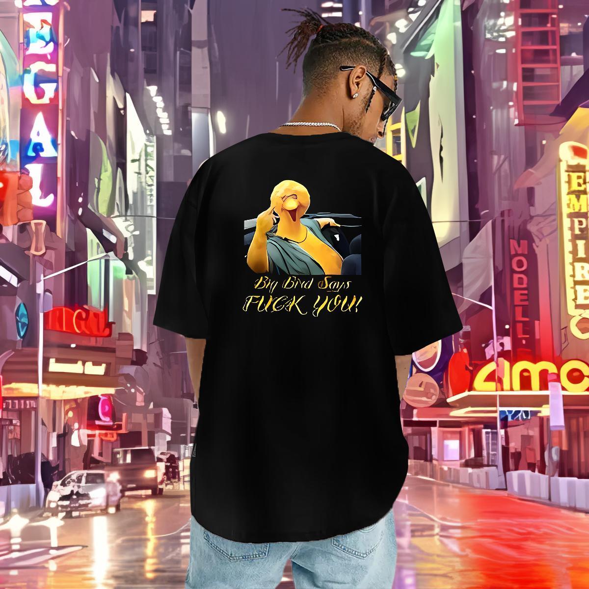 New Mens T Shirts 100% Cotton 230g bird High Street Hip Hop Top Tees Breathable Short Sleeve High Quality Men Tshirts Black Oversized