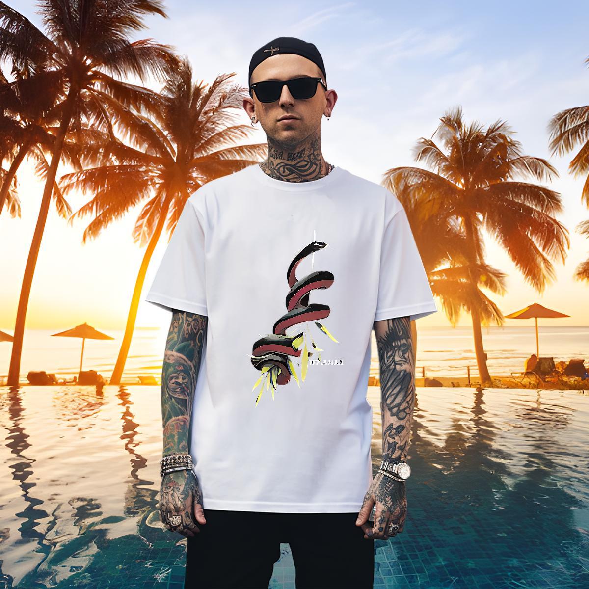 Loose Mens Tshirts 100% Cotton 230g snake Mens T Shirts Spring Summer O-Neck Short Sleeve DIY Logo Oversized 2024 DIY Wear