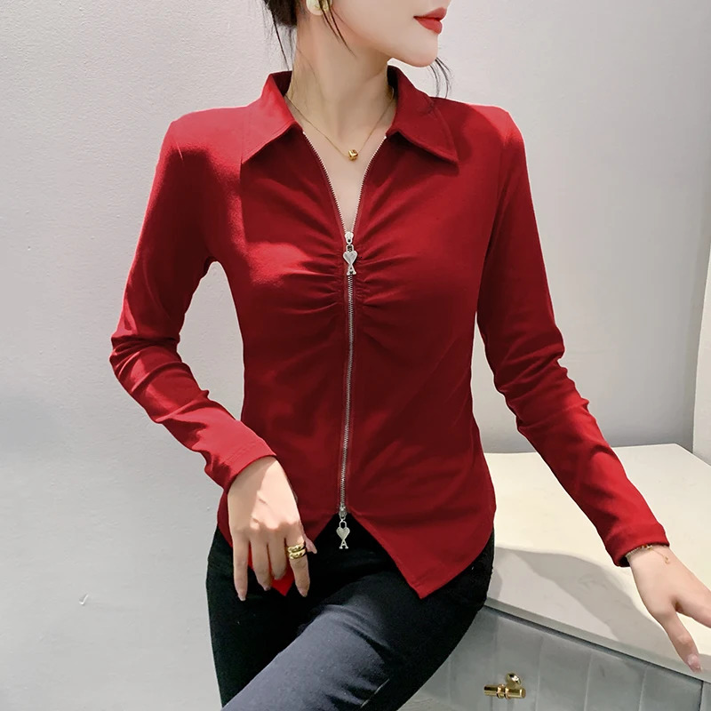 Fall Winter European Clothes T-Shirt Fashion Sexy Turn-down Collar Zipper Women Tops Long Sleeve All Match Tees 39098 240806