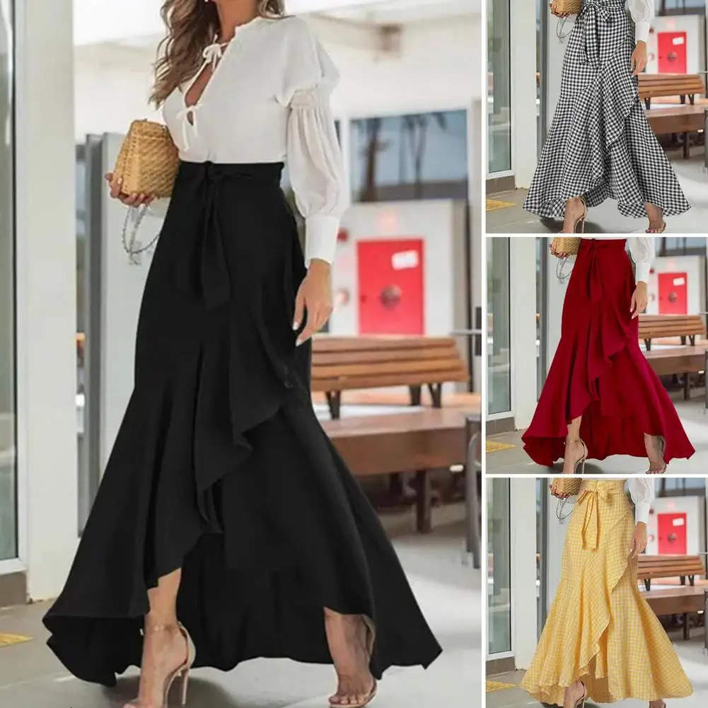 Women Summer Maxi Skirt Elegant Lace-up Ruffle Trim Maxi Skirt with Plaid Print Bow Tie Detail High Waist Irregular for Women 240806