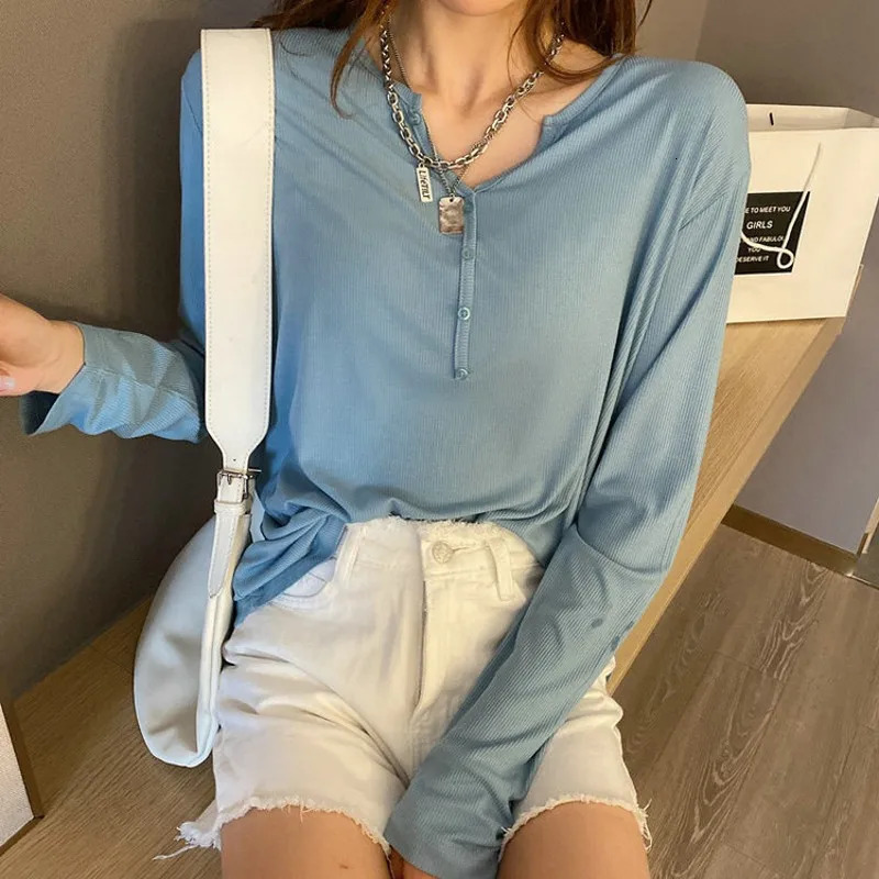 Summer Spring Bottoming Mask Tshirt Rib Cotton T-shirts long sleeves V-neck Buttons Tee tops solid color all match 240806