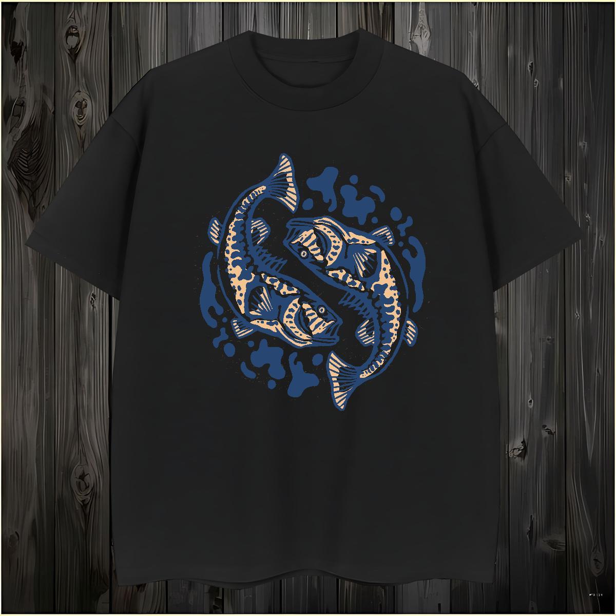 T-Shirts for Men 230g Cotton fish Street Wear Crew Neck Black White Tshirts Classic Casual Soft Tops Tees