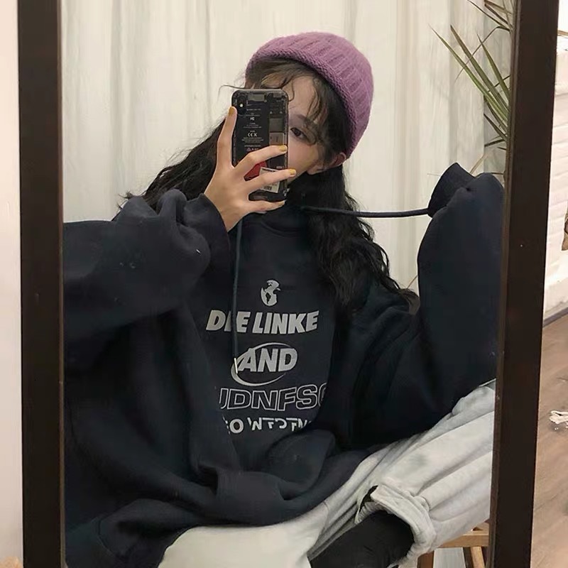 2024 new autumn and winter plus plush thick hoodie women's trendy ins hooded loose letter lazy style outer set