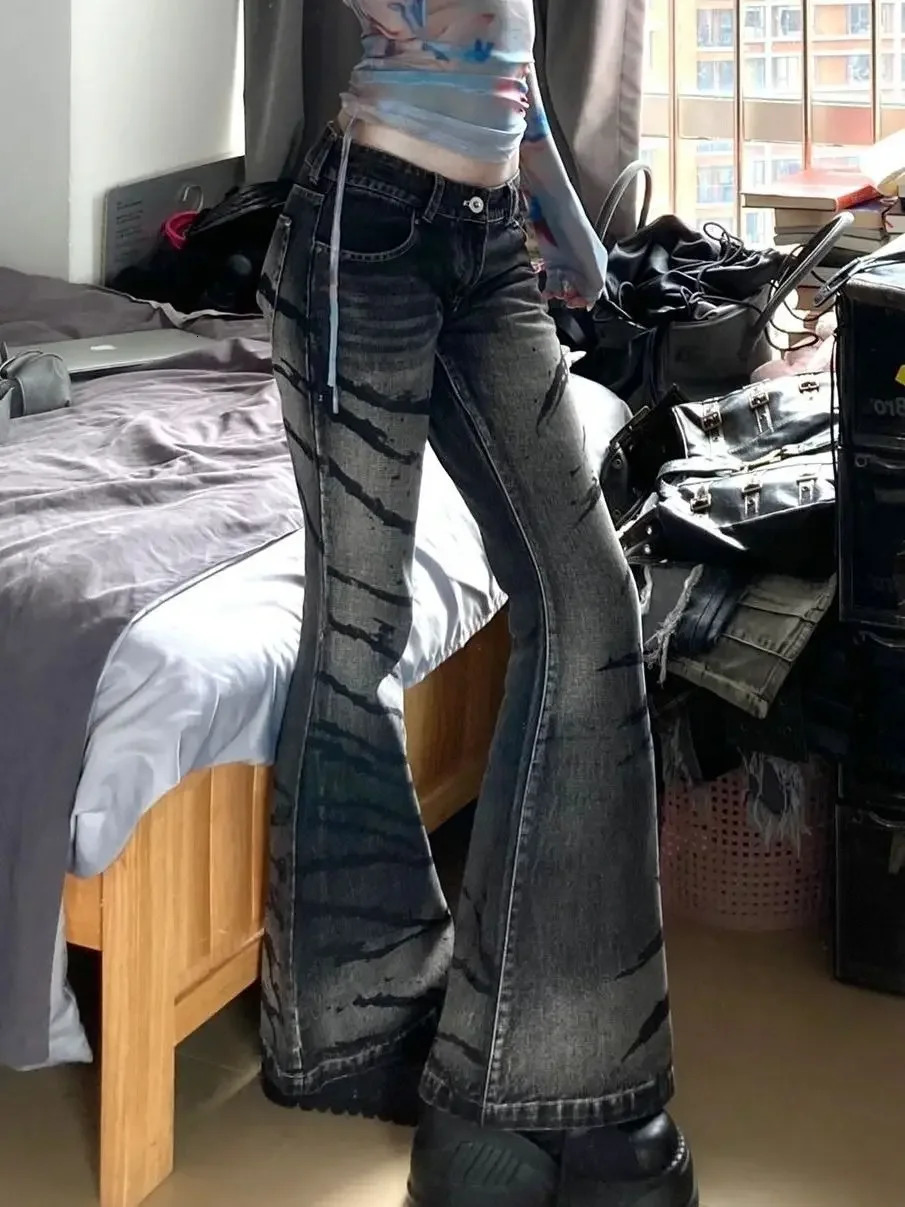 Graffiti Zebra Striped Printed Flare Jeans Denim Pant Slight Bootcut Bell Bottom y2k pants harajuku punk gothic grunge aesthetic 240806