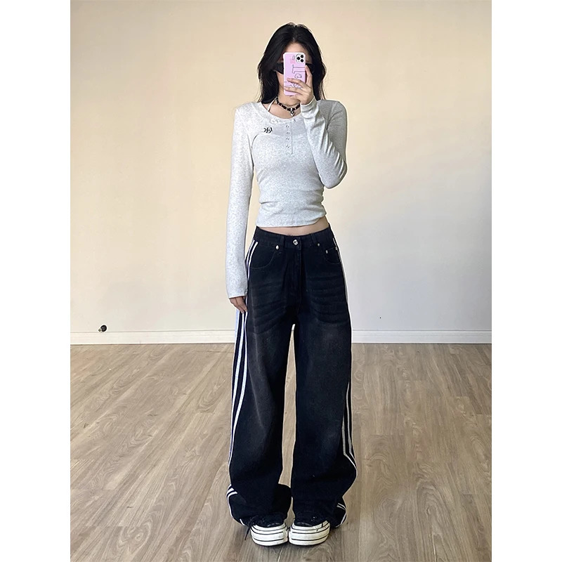 Women Black Gothic Baggy Jeans Vintage Korean Oversize High Waist Cowboy Pants Harajuku Wide Denim Trouser 90s Y2k 2000s Clothes 240806