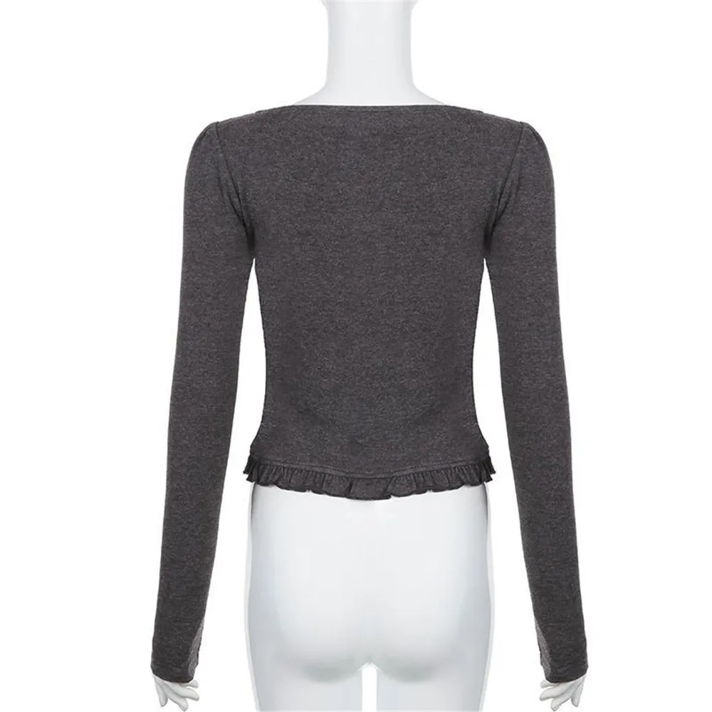 Y2K Polka Dot Print Tops Contrast Patchwork Knitted Grey Autumn Spring Cute Bow T-shirts Street Slim-fit Long Sleeve Knitwear 240806