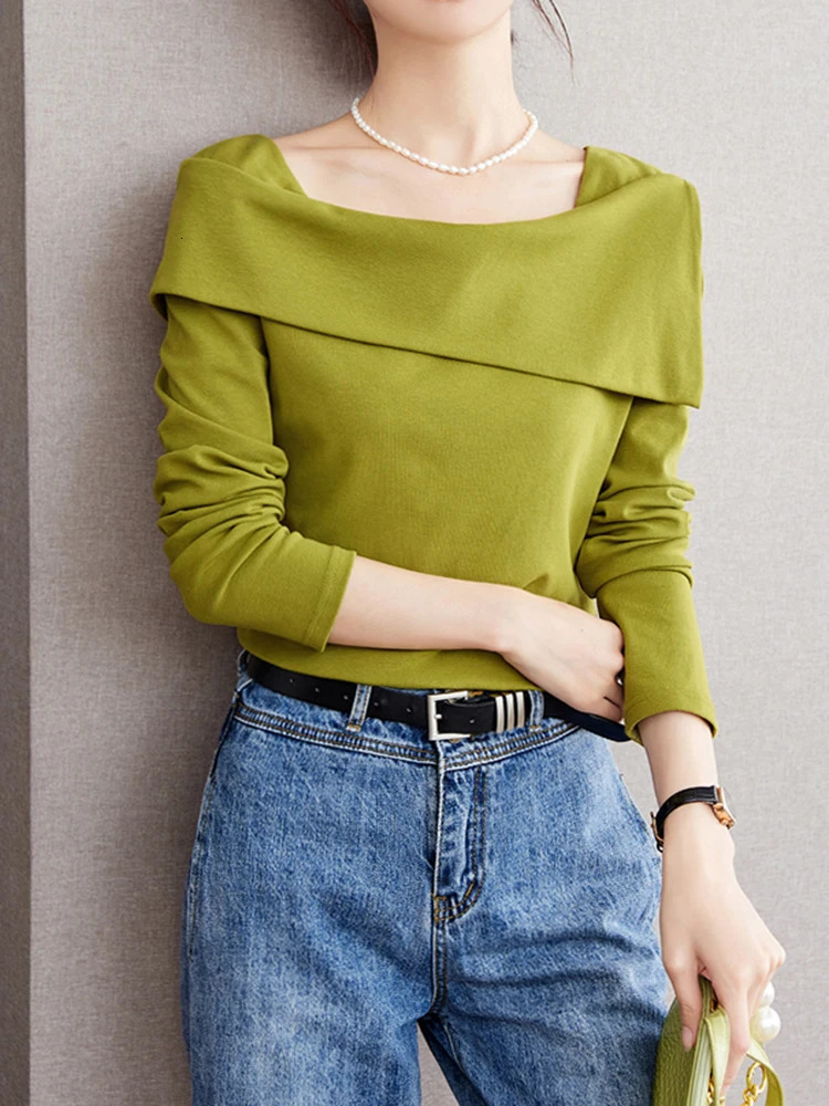 Autumn French Square Neck Tops Temperament Versatile Long Sleeved T-shirt Women Sexy Solid Color Slim Fit Top 240806