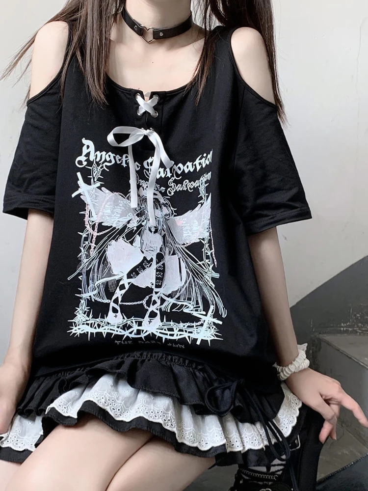 Off Shoulder Strapless O Neck White Angel T-shirts Letter Print Lace Up Short Sleeve Tshirts Women Loose Casual Long Tee Y2k 240806