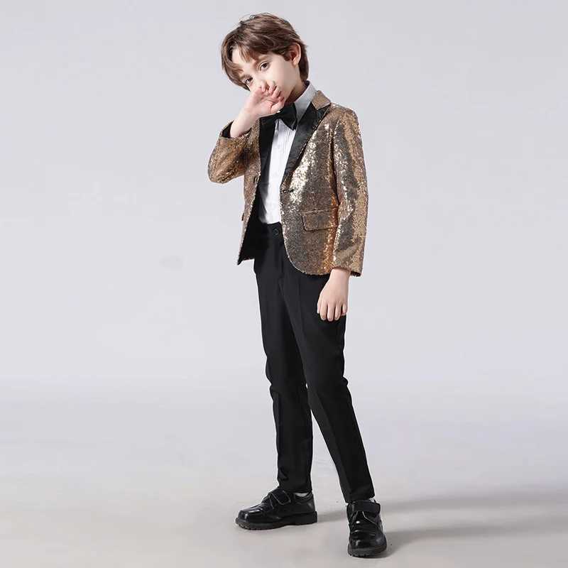 Suits Childrens High-end Gold Sequin Suit Boys Piano Performance Party Host Costume Kids Fashion Blazer Jackets Bowtie Clothes