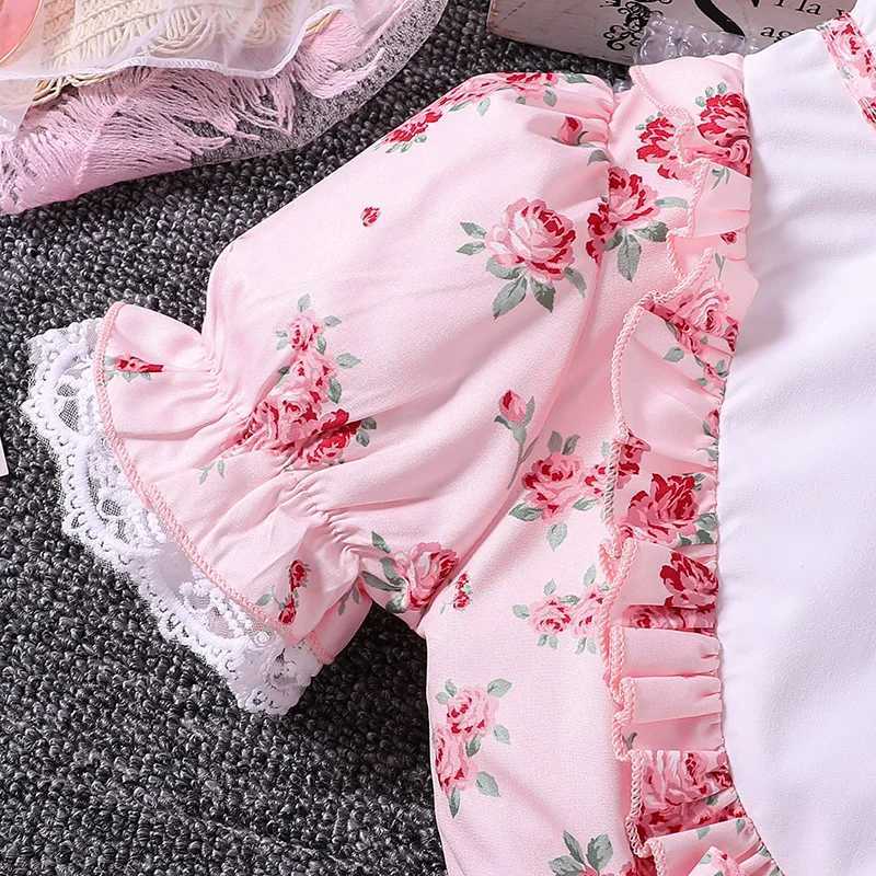 Girls Summer Dress New Retro Pink Cute Flower Retro Printed Lace Princess Girls Dress Fashion 8-12 Year Old Childrens Daily Casual ClothingW240720