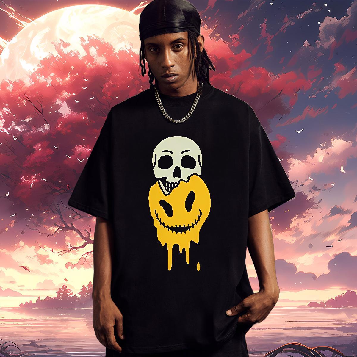 T Shirts Men 100% Cotton 230g smiling face Daily Outfit Breathable Crew Neck Custom Cartoon Men Tees DIY Cool Clothes