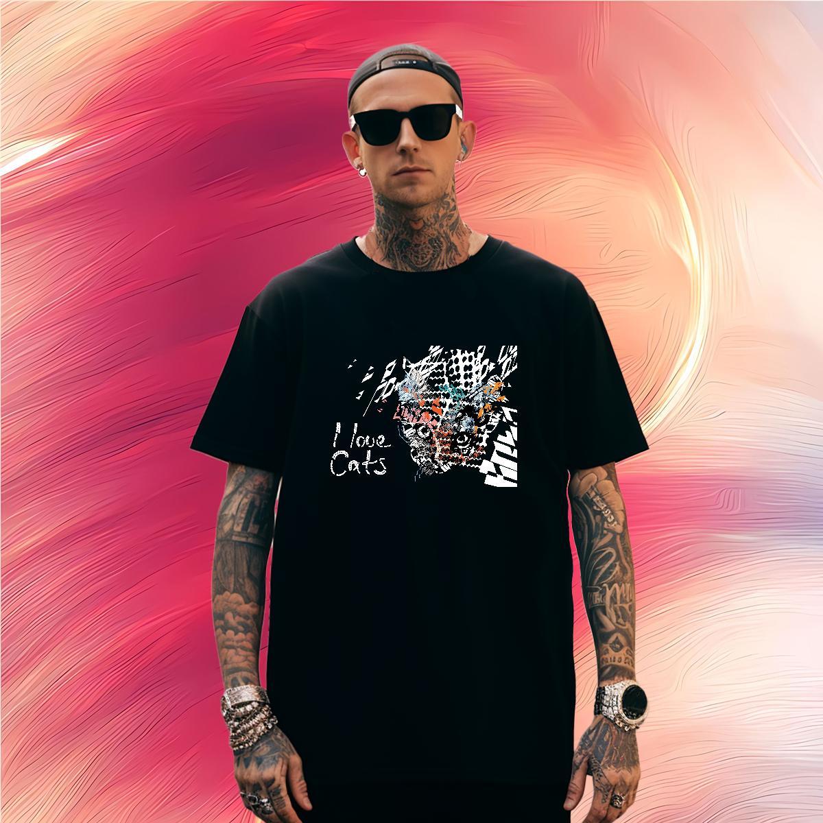 T Shirt For Man 230g Pure Cotton cat Casual Beach Round Neck Short Sleeve Graphic Mens Tshirts 2024 High Quality Tops