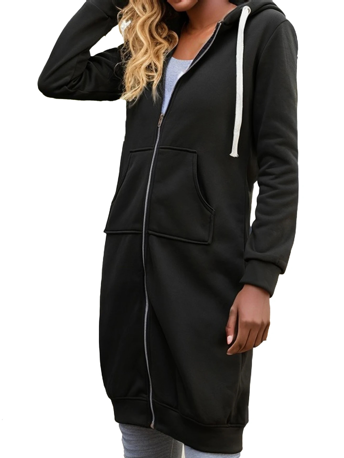Plus Size Long Hoodies Tunic Fashion Sweatshirts Fleece Knitted Zip Up Jackets With Pockets For Women 240806