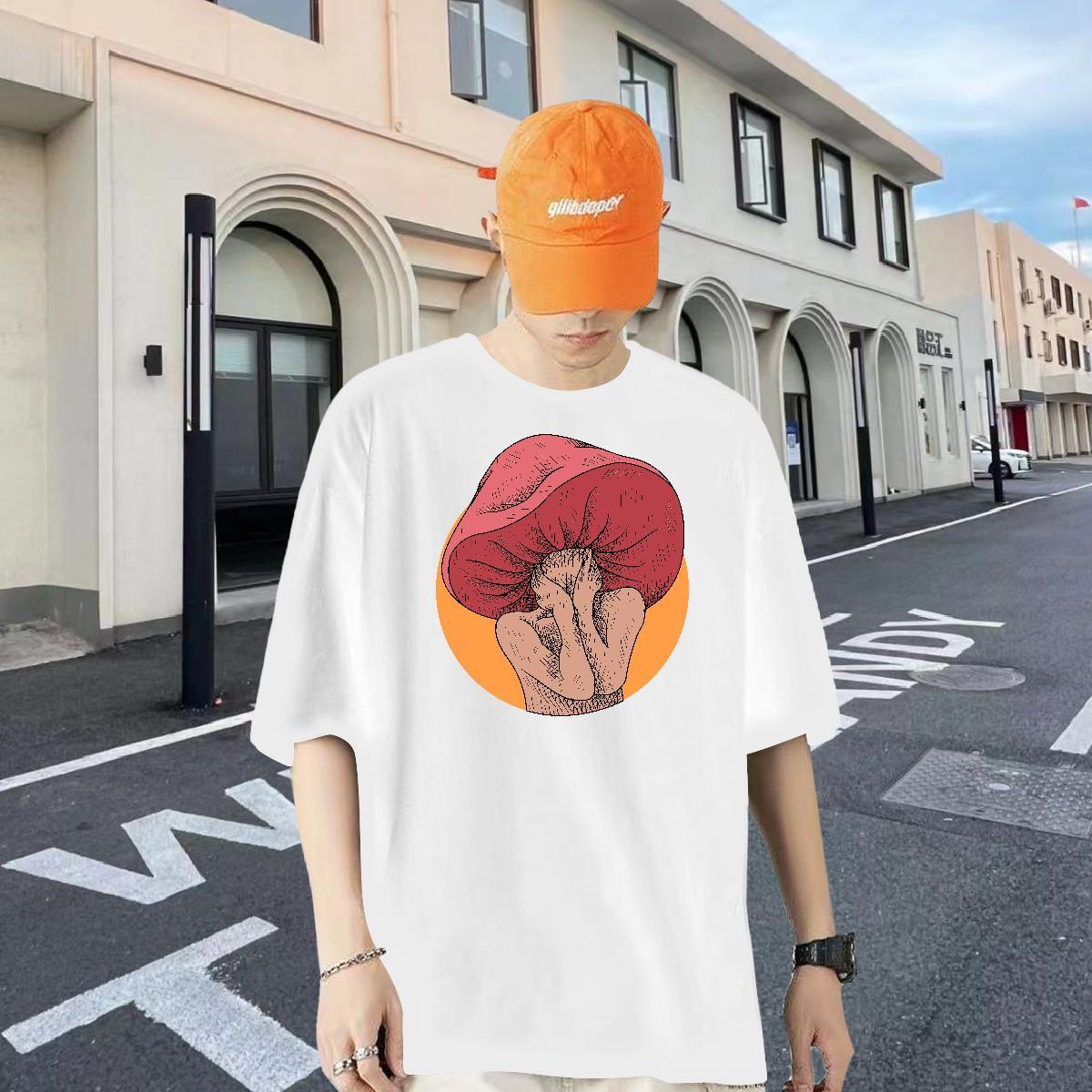 Stylist T-Shirts for Men 230g Pure Cotton mushroom Street Wear Tees O-Neck Short Sleeve Brand Men Tshirts Anime Print