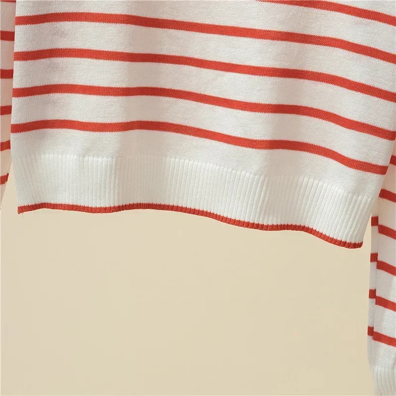 Striped V-neck Pullover Polo Sweater Womens Early Autumn Casual All-match Tops Long-sleeved Knitted Bottoming Sweaters Jumpers 240806