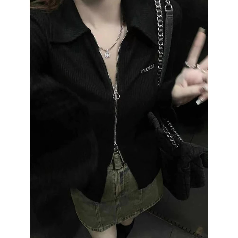 Y2K Black T Shirts Women Streetwear Zipper Crop Tops Harajuku Korean Turn Down Collar Long Sleeve Tunic Slim Casual Chic Tees 240806