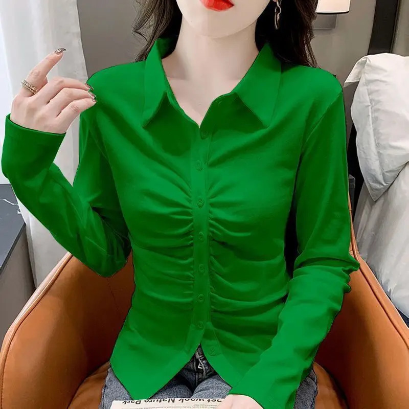 Fashion Lapel Solid Color Button Folds Shirts Womens Clothing Autumn Winter Loose Elegant Tops Office Lady Blouses 240806