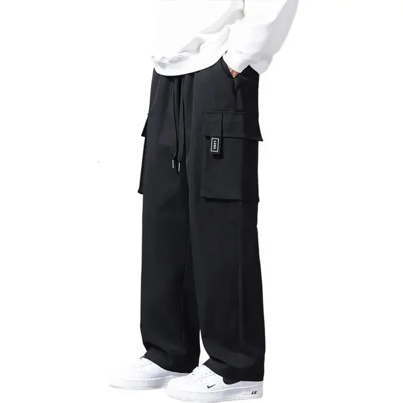 Mens straight black cargo pants autumn gray large size casual retro Techwear est Y2k bagged Harajuku w240824