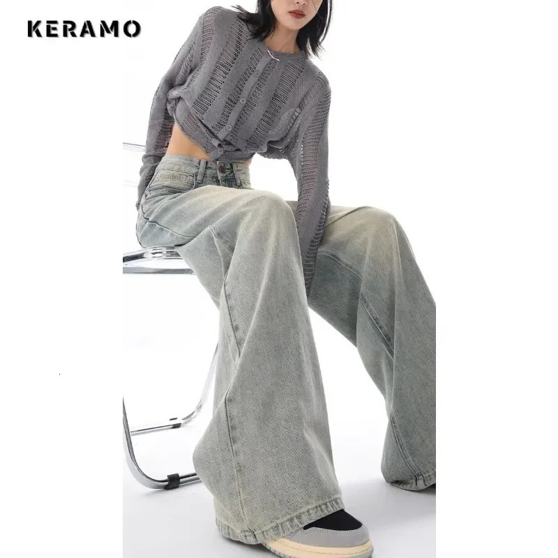 Korean Vintage Casual Waist High Strt Style Light Blue Straight Jeans Pants Womens Wide Leg Baggy Y2K Denim Trouser Z260313